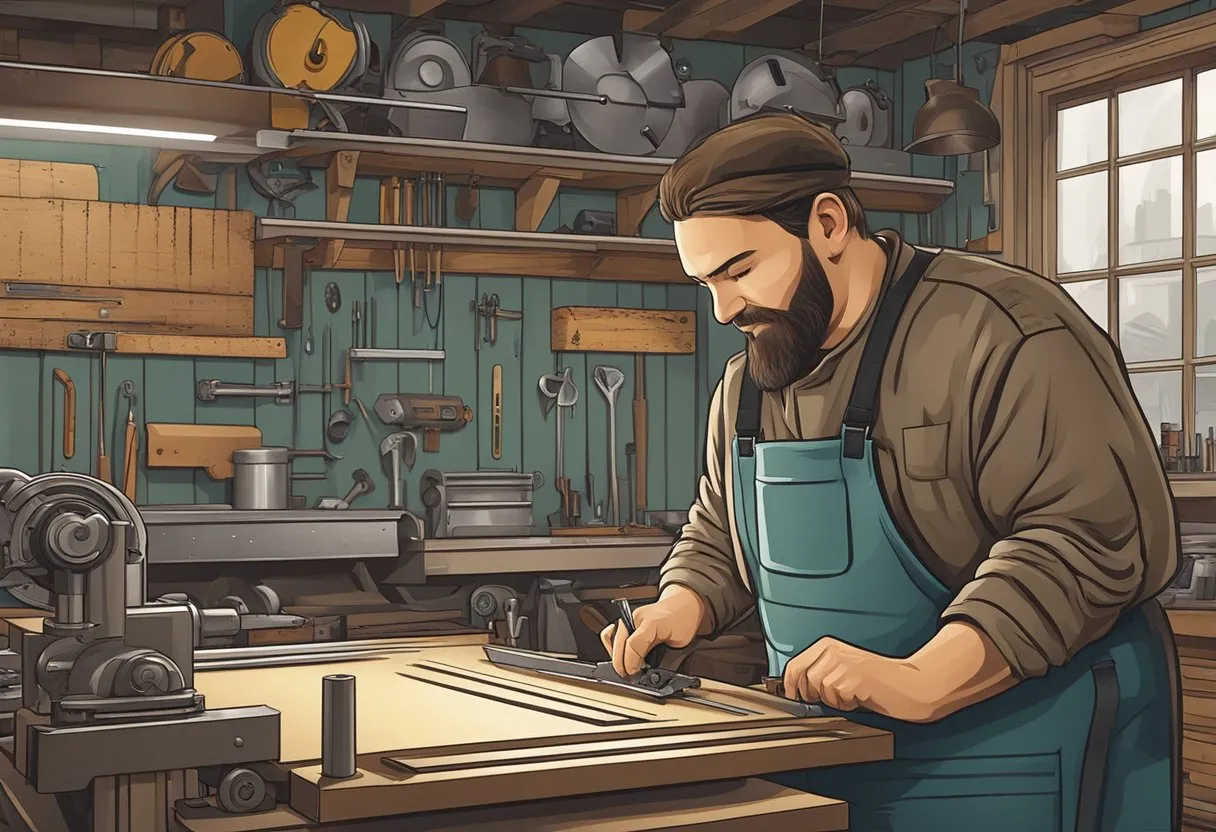 A craftsman cuts out metal signs with precision tools in a workshop filled with custom design options