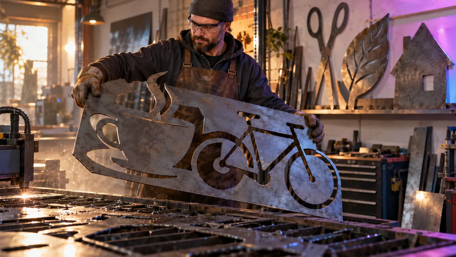 A metal fabricator lifts a freshly cut steel sign with a coffee cup and bicycle cut-out from the cutting bed