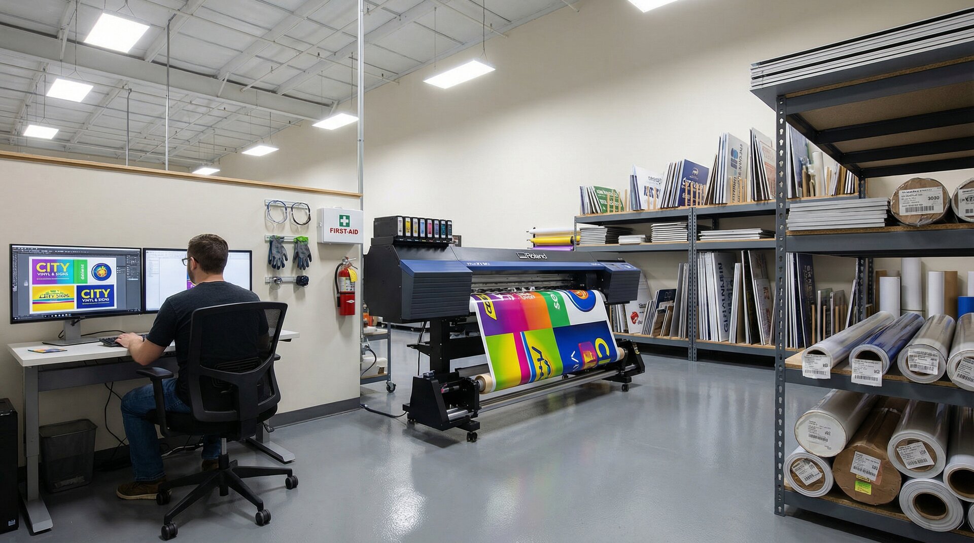 Sign production workflow diagram showing stages from design to delivery