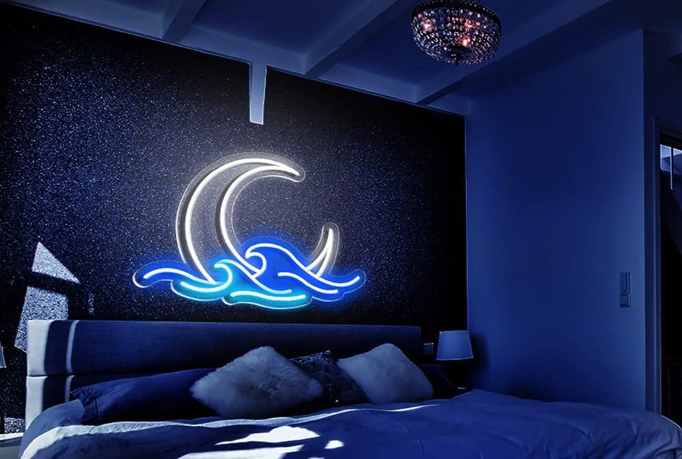 Electric blue neon signs in bedrooms