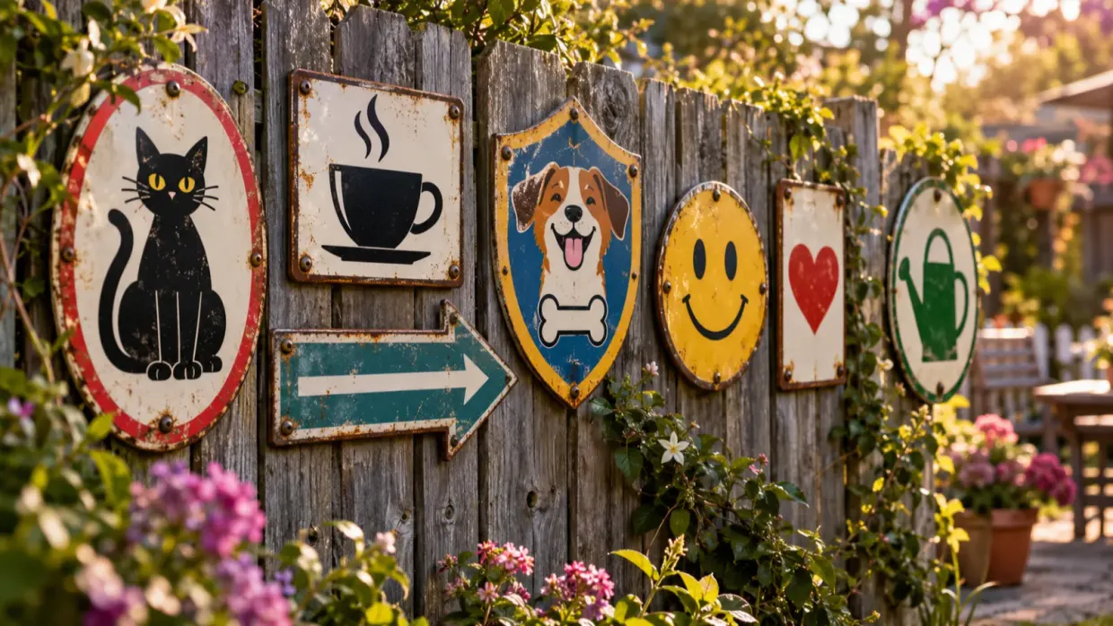 Colourful metal signs with playful pictograms of a cat, a coffee cup, a dog and a smiley face, hanging on a weathered garden fence