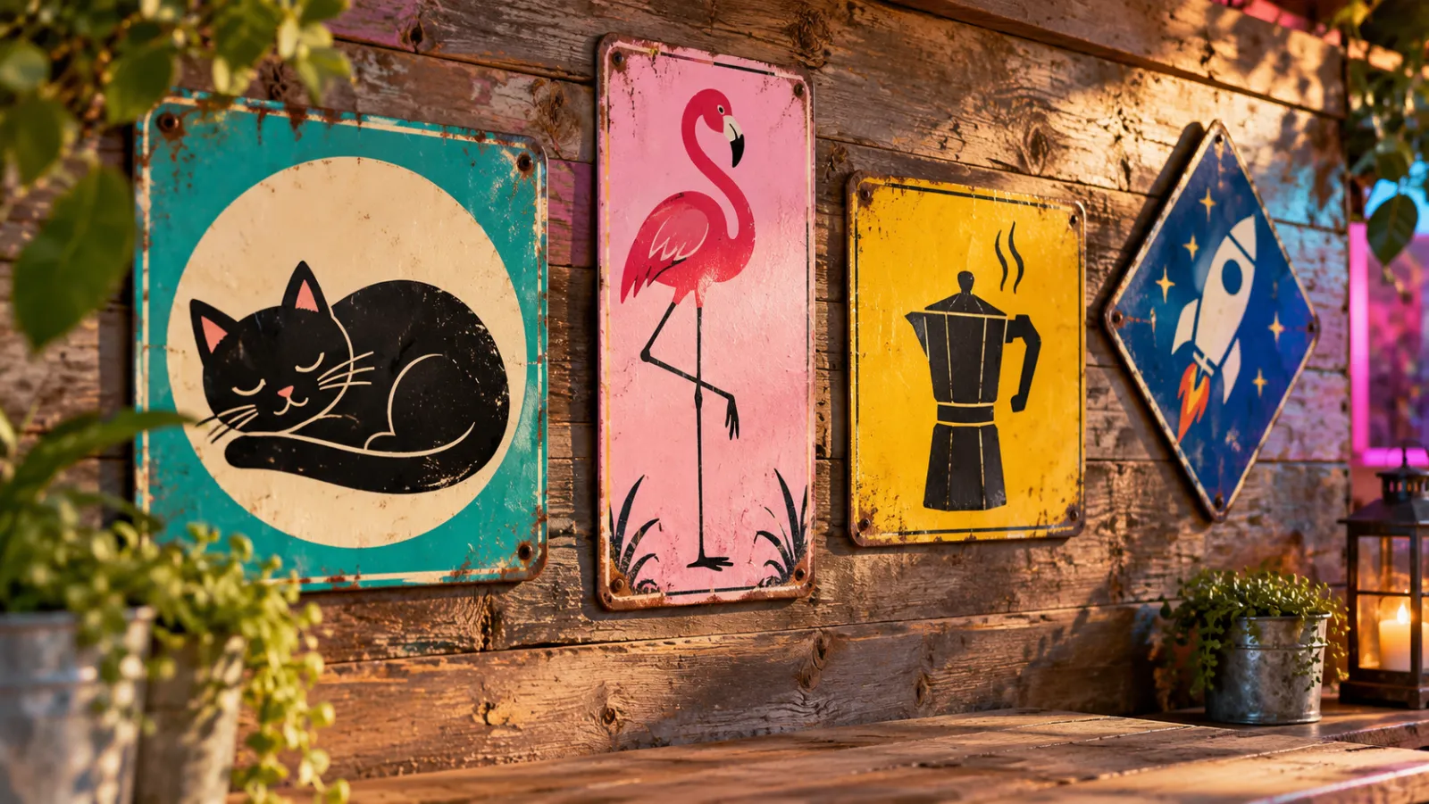 Hand-painted quirky metal signs of a sleeping cat, a flamingo, a coffee pot and a rocket on a rustic wooden wall