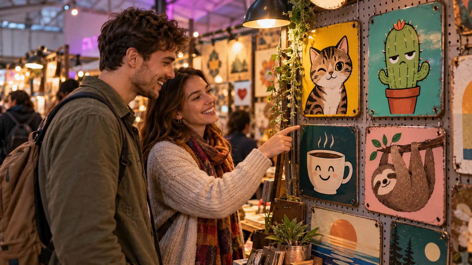 Shoppers smile at playful metal signs of a winking cat, a grumpy cactus, a coffee cup and a sloth at a market stall