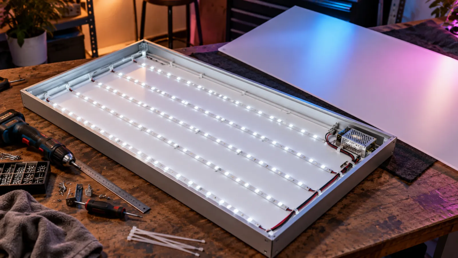 Open lightbox frame with rows of white LED strips on the back panel and a power supply wired in one corner