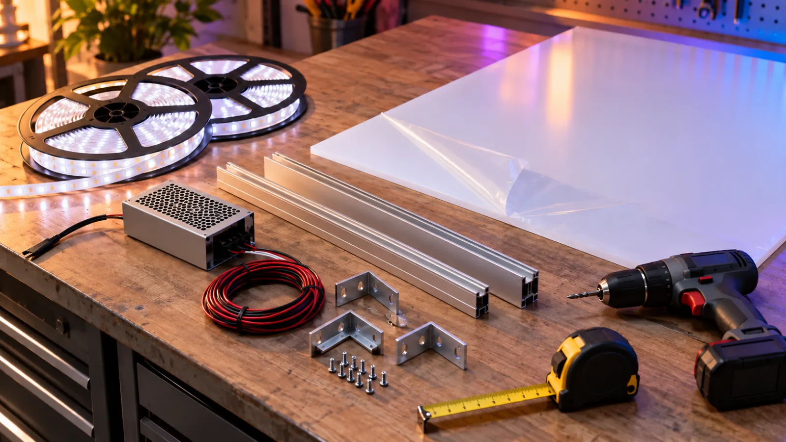LED strip reels, opal acrylic sheet, aluminium profiles, corner brackets, a power supply, wire, a tape measure and a drill laid out on a workbench