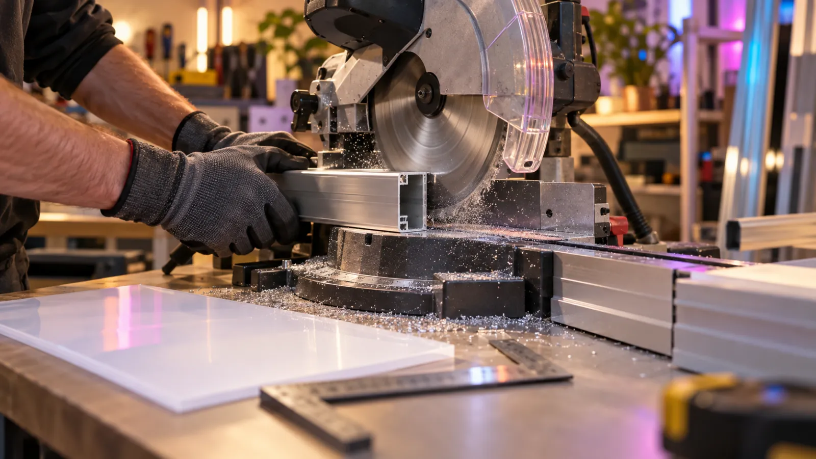 Cutting aluminium profiles and preparing acrylic for lightbox assembly
