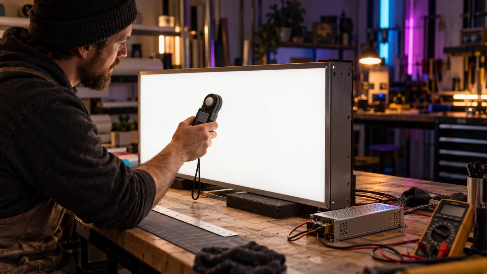 Sign maker checking a lit lightbox face with a light meter, a power supply and multimeter on the bench
