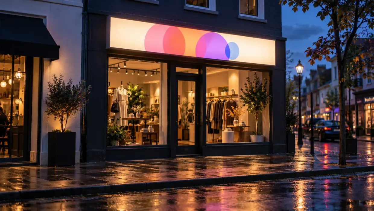 Illuminated lightbox sign above a boutique shopfront at dusk, reflected in the wet pavement