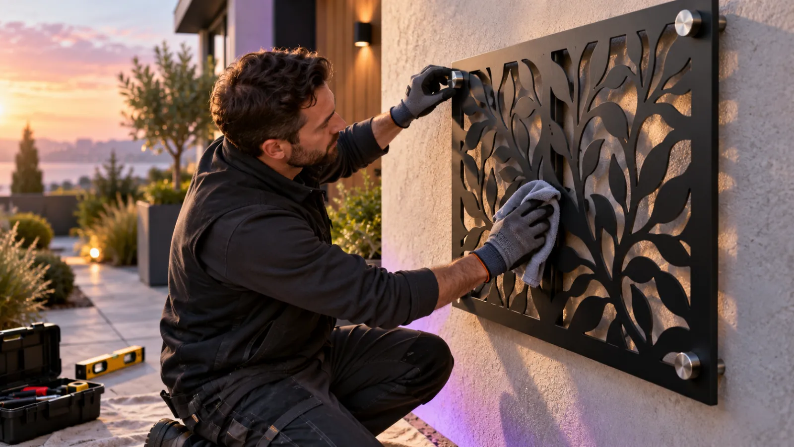 A technician fixes a laser-cut metal panel to a wall on standoffs and wipes it clean