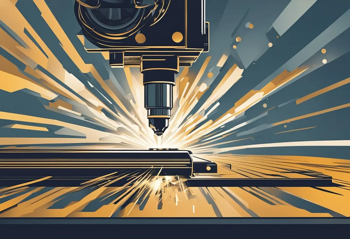 A laser cutting machine precisely carves intricate designs into a sheet of metal, creating sleek and modern signage. Sparks fly as the machine moves with precision, producing a striking and durable finished product