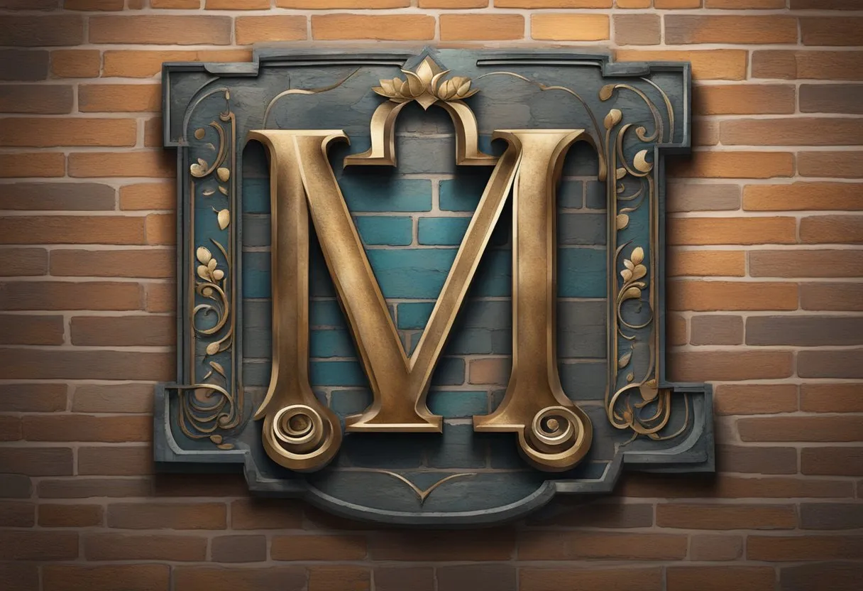 Metal monogram signs hang on a weathered brick wall, catching the light with elegant curves and intricate details