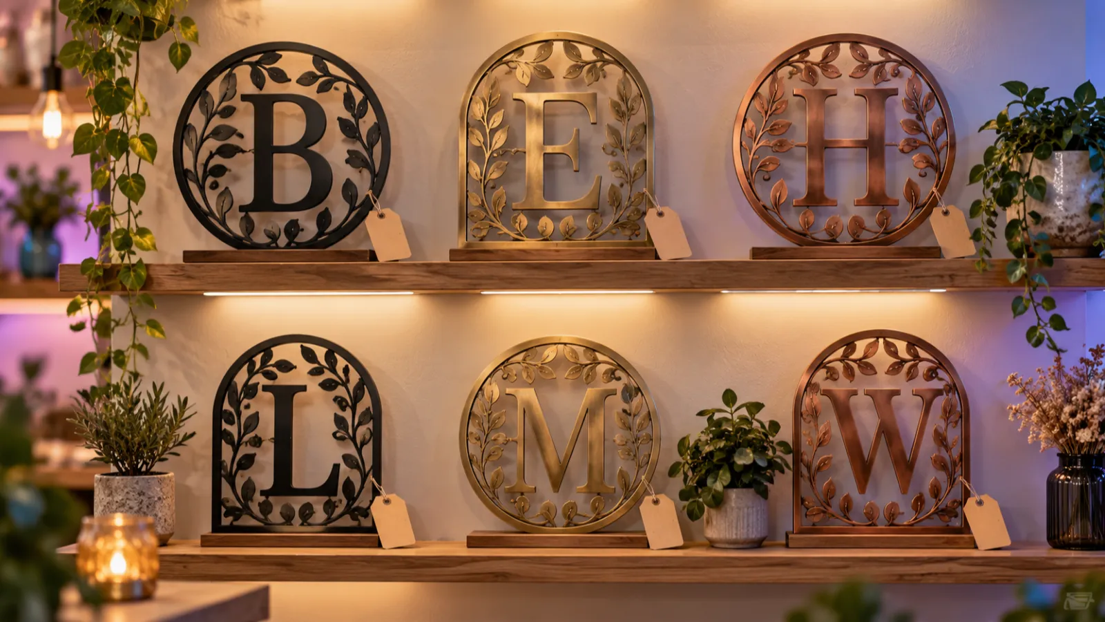 Black, brass and copper metal monogram signs with leaf borders on lit shelves, each with a price tag