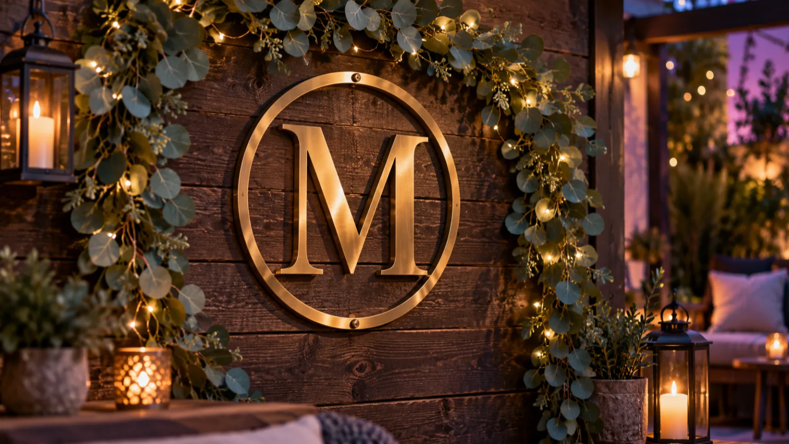 A brass metal monogram sign with the letter M on a rustic wooden wall, framed by greenery and fairy lights