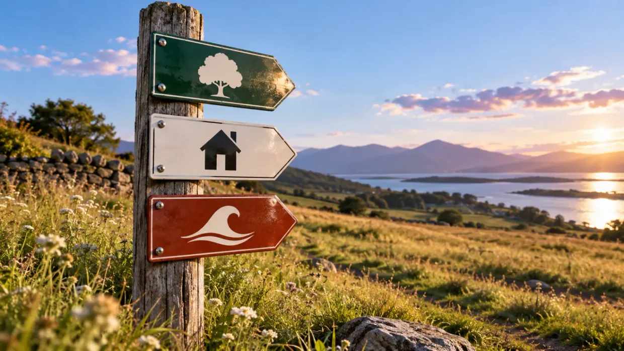 Metal directional signs with tree, house and wave pictograms on a weathered wooden post above a coastal meadow