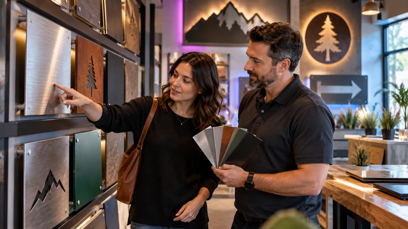 Customer and sales representative choosing between aluminium, Corten and powder-coated metal sign samples in a showroom