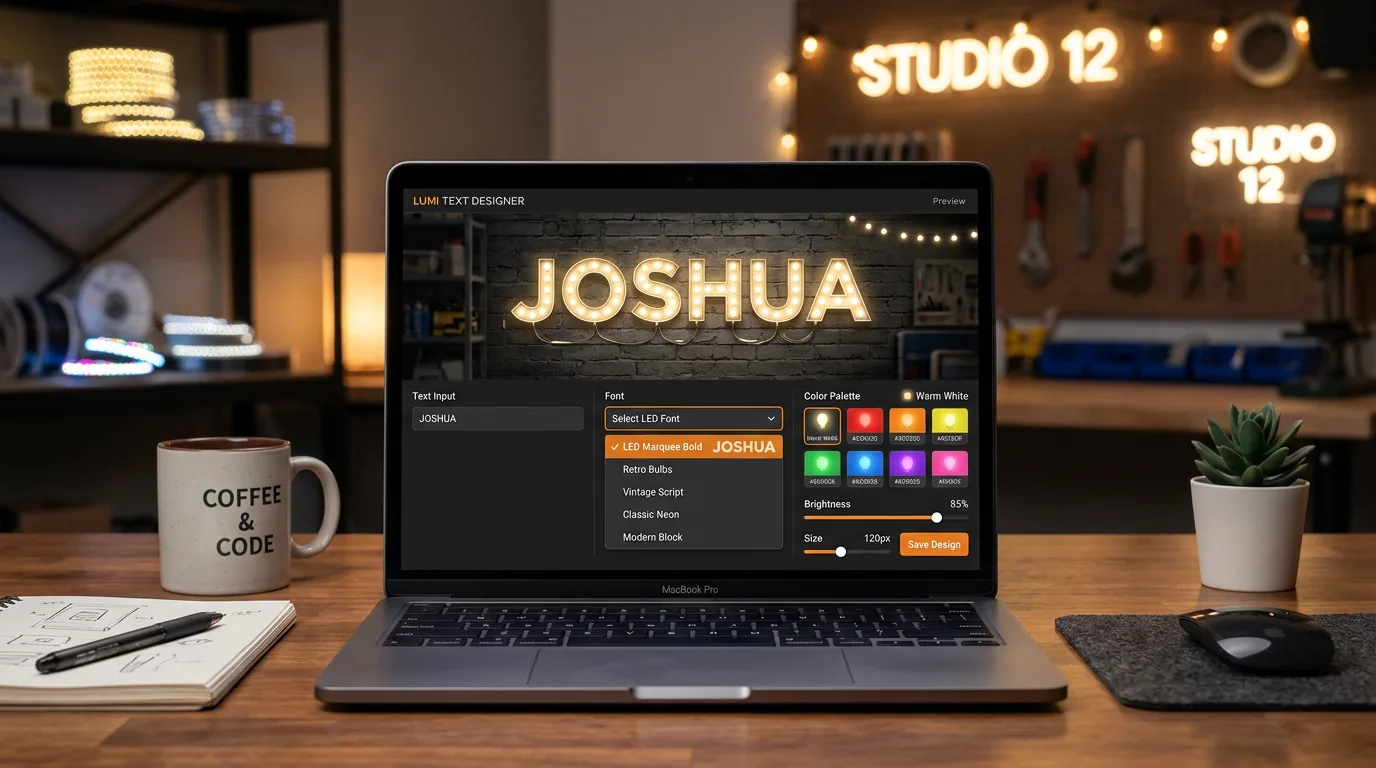 Name in lights design interface showing font selection and color options