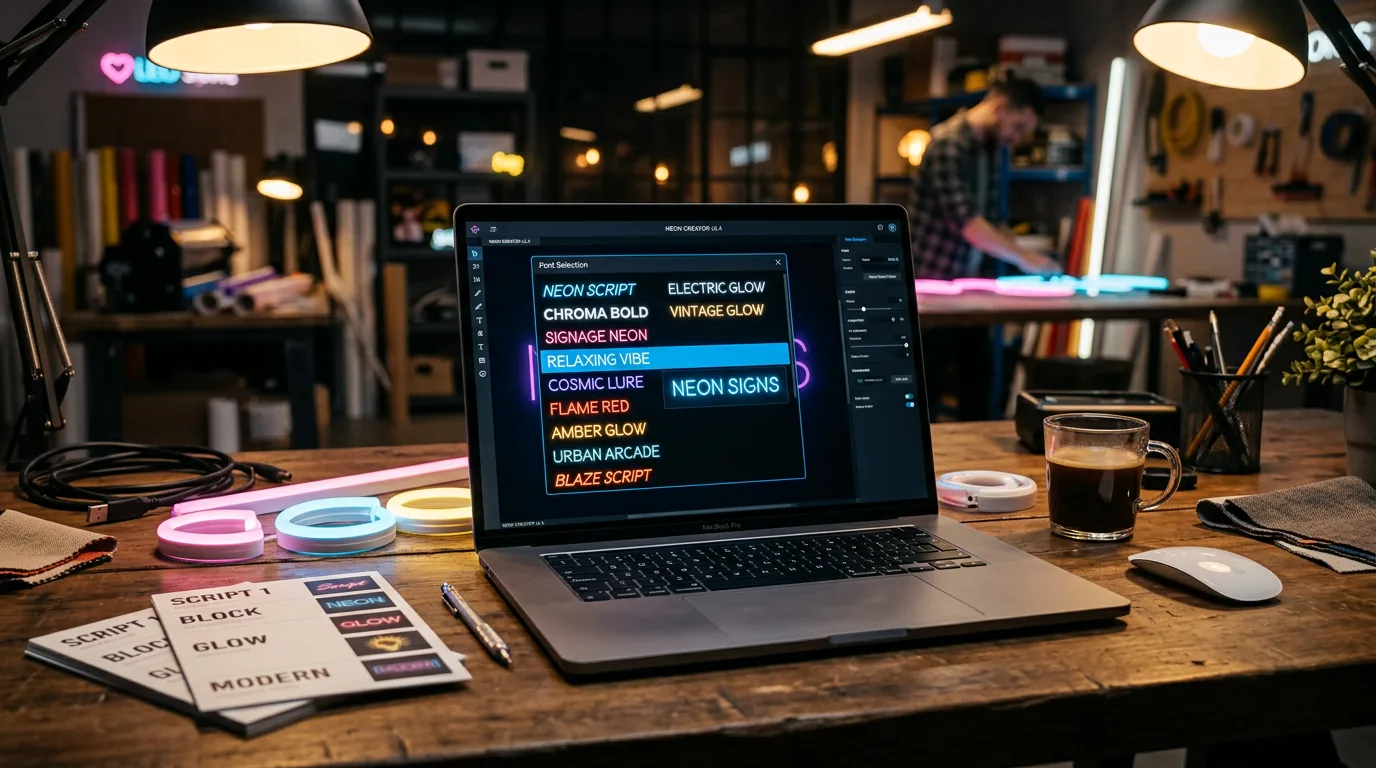 Neon generator workspace showing font selection interface