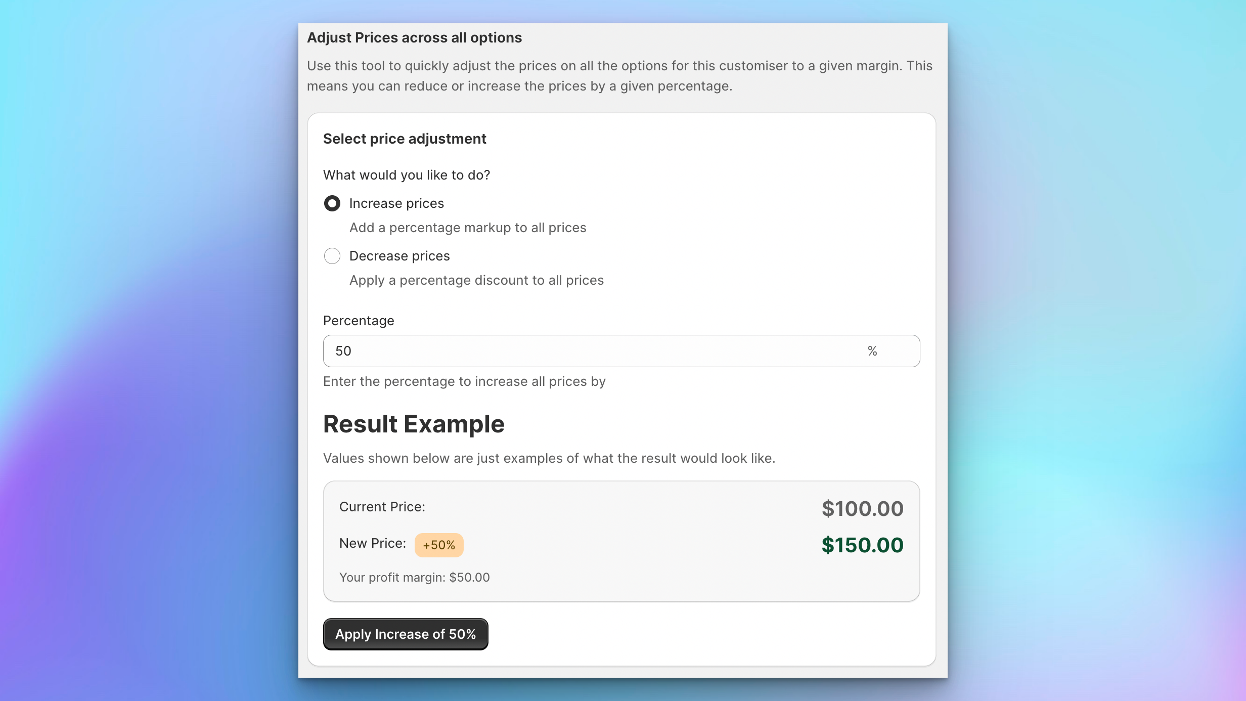 Bulk price adjustments interface