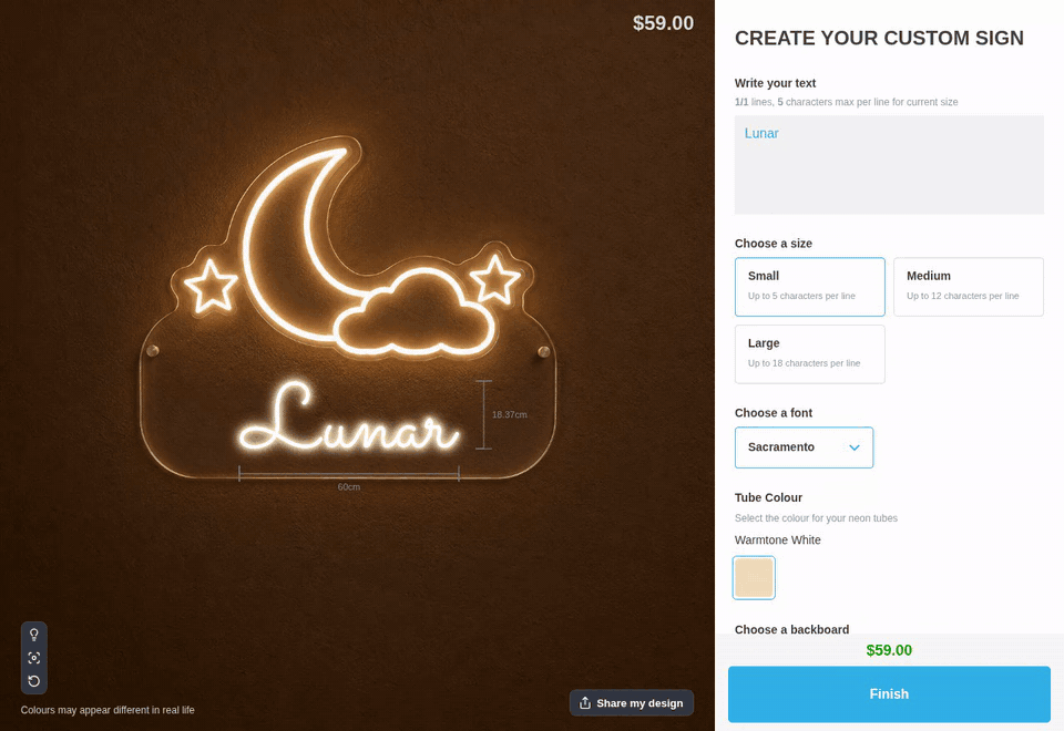 The customer customiser shows Small with Lunar, Medium with Lunar Dreams, and Large with Lunar Dreamscape. The character limit changes from 5 to 12 to 18 per line. Each size selects a different moon, cloud and stars background with more space for text.
