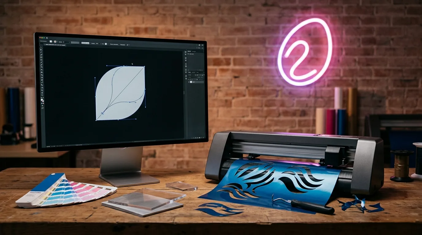 Sign shop workbench with a monitor showing a logo being traced into vector paths, a vinyl cutter with half-weeded blue vinyl, acrylic offcuts and a pink LED neon sign on a brick wall