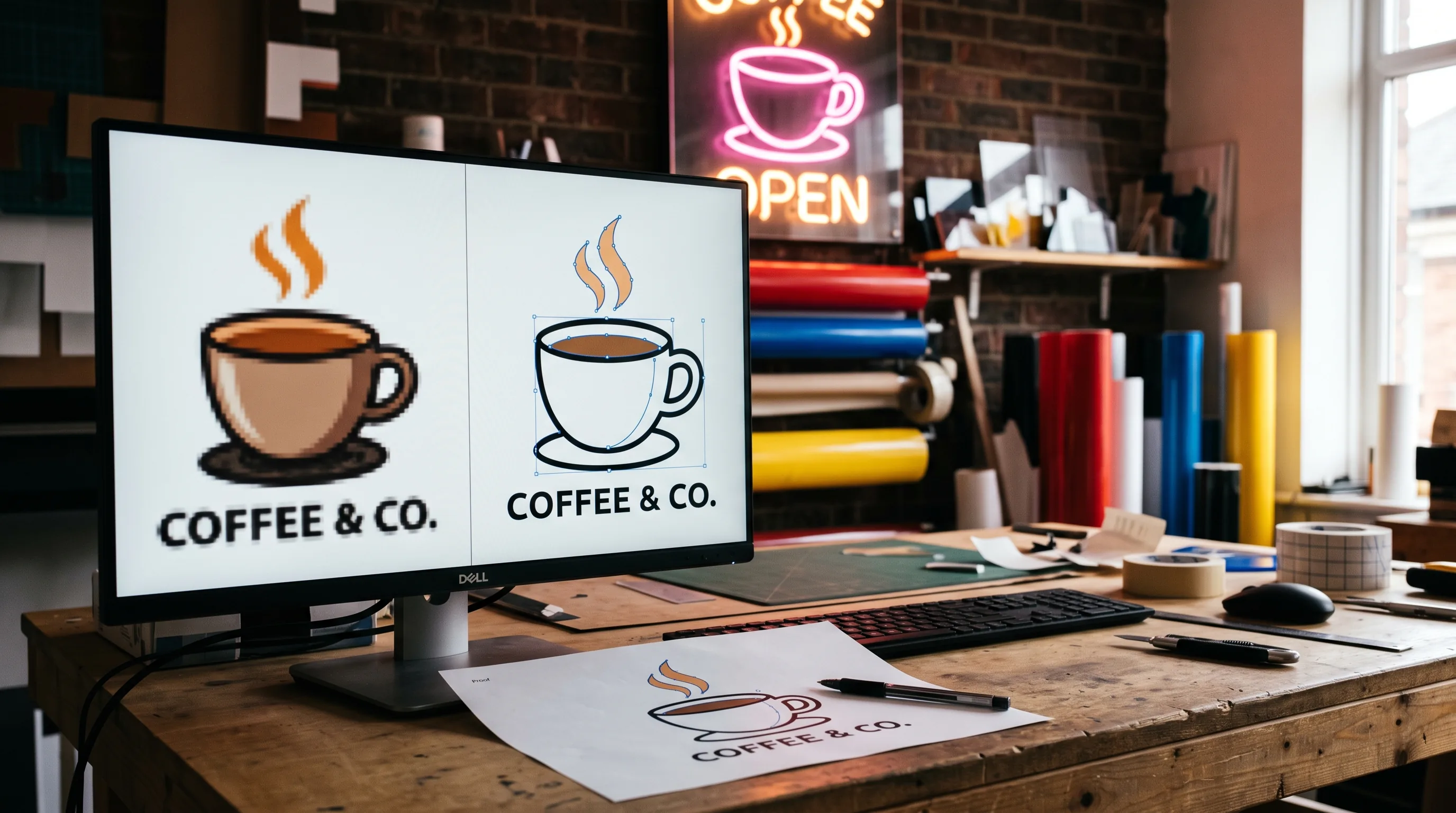 Sign shop monitor showing a pixelated coffee cup logo beside a clean vector redraw with editing paths, a printed proof on the bench, vinyl rolls and a pink LED neon sign on a brick wall