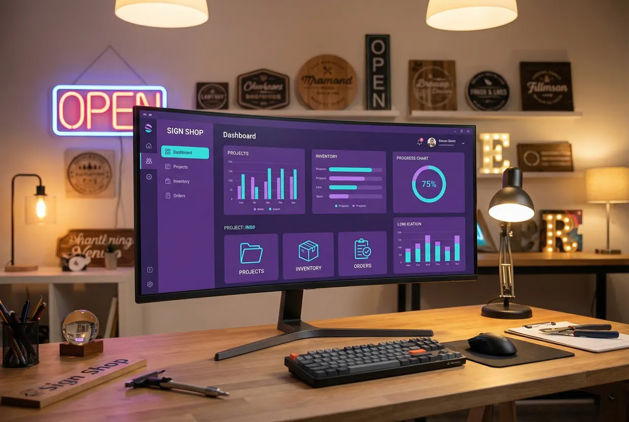 Sign shop management dashboard displaying order tracking and production workflow on a large monitor