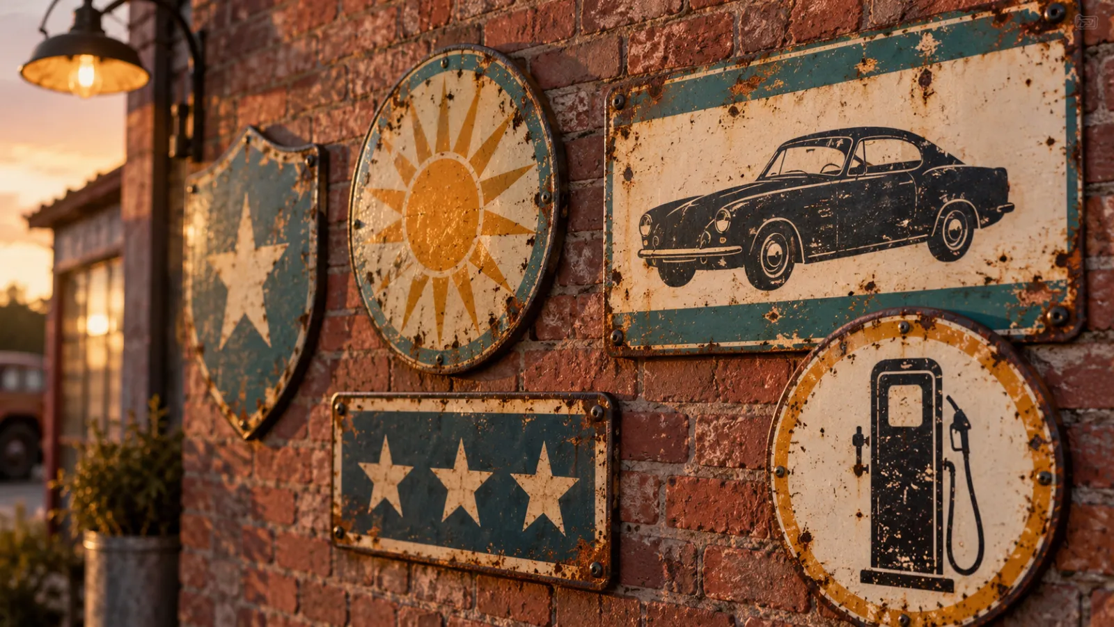 Weathered vintage enamel signs with a car, a sunburst, a petrol pump and stars on a red brick wall
