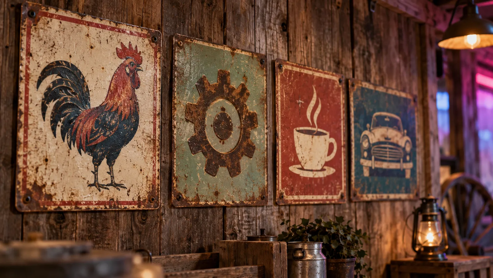 Rusty vintage tin signs with a rooster, a cog, a coffee cup and a classic car on a barn-wood wall