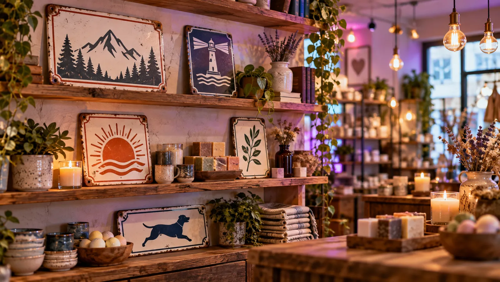 Vintage enamel signs displayed on boutique shelves among candles, ceramics and handmade soaps
