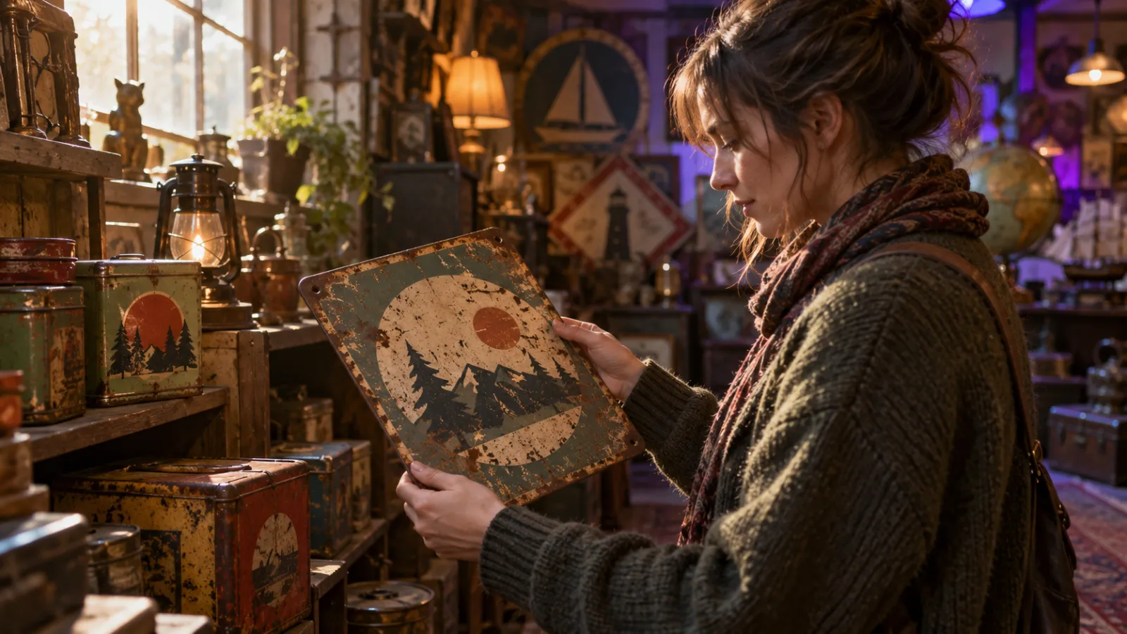 Shopper examining a rusty vintage metal sign in a cluttered antique store