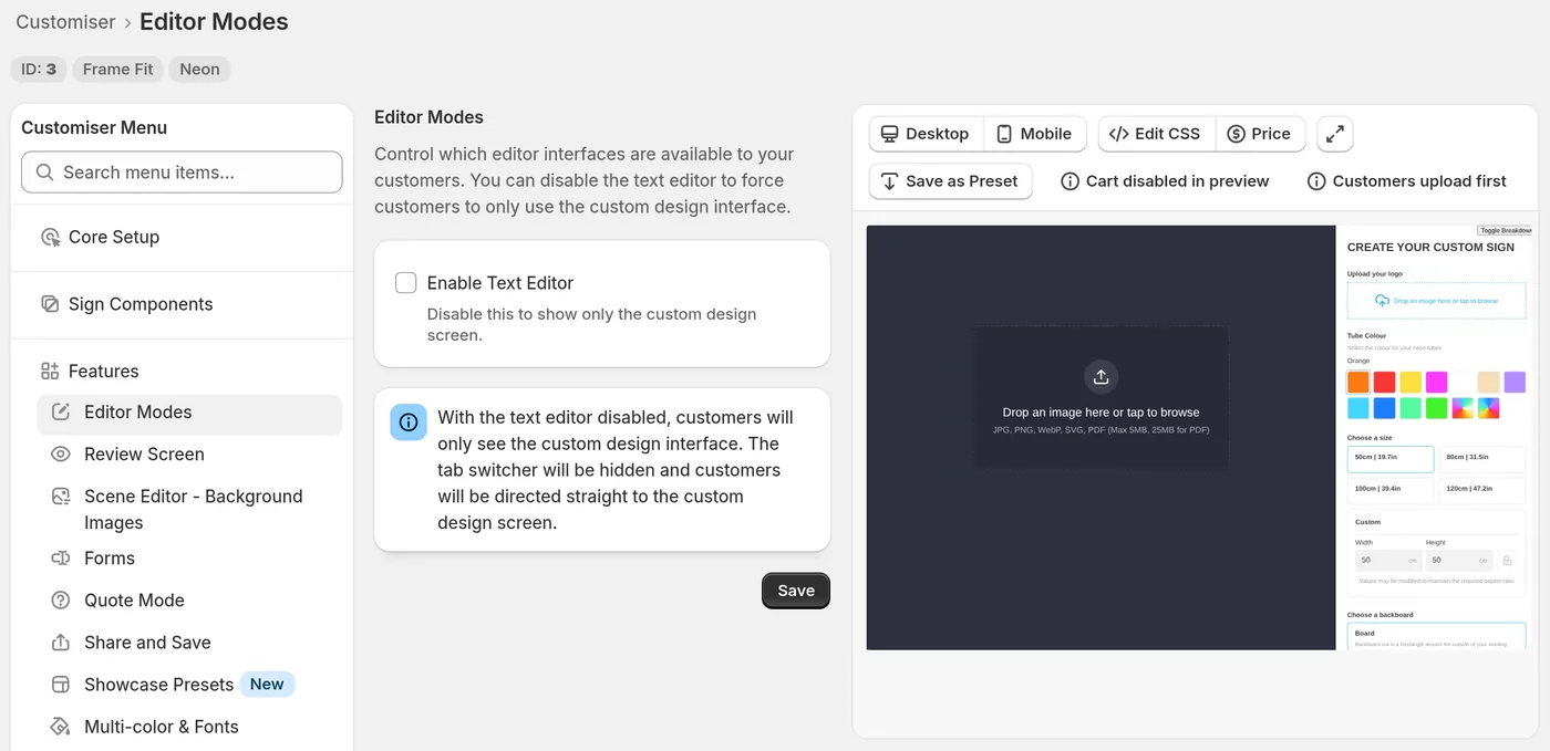 The Editor Modes page with Enable Text Editor cleared and the information banner about the tab switcher.