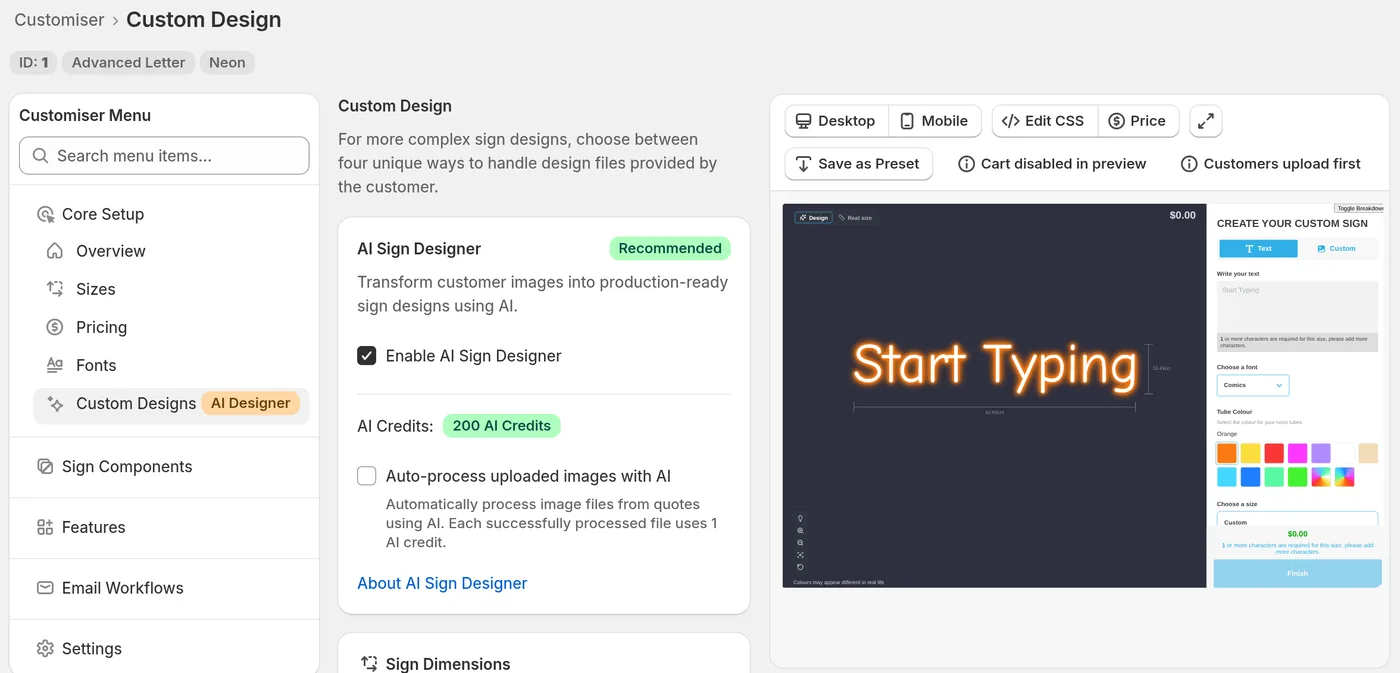 The Custom Designs page in the merchant admin with Enable AI Sign Designer ticked, the AI Credits balance and the Auto-process uploaded images with AI checkbox.