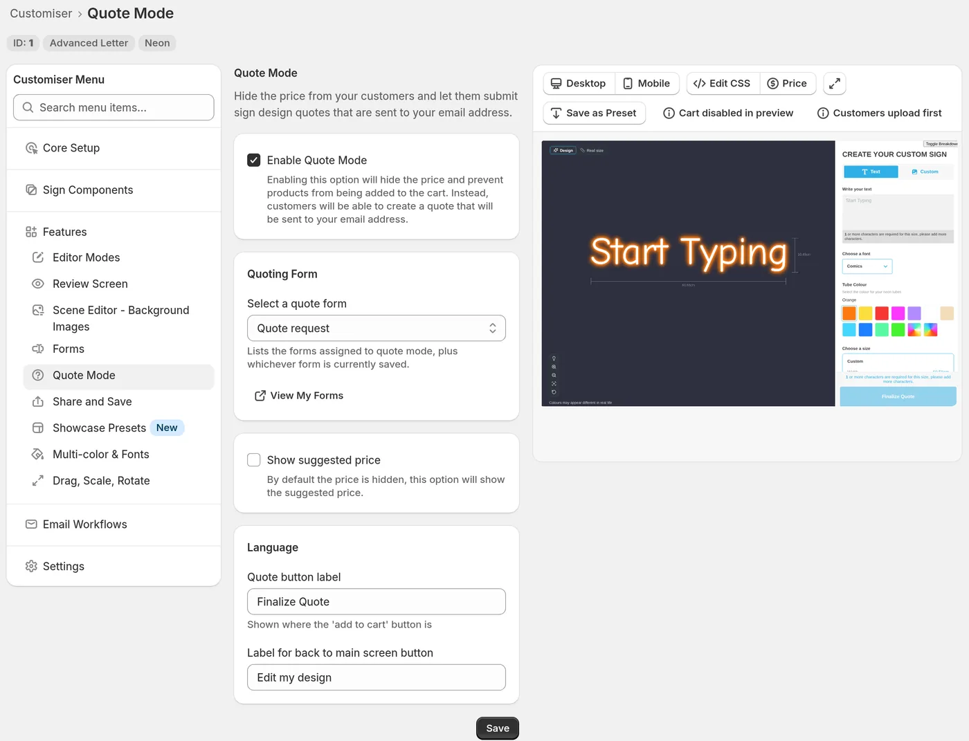 The Quote Mode page with Enable Quote Mode ticked, the Quoting Form select, the Show suggested price checkbox and the two label fields.