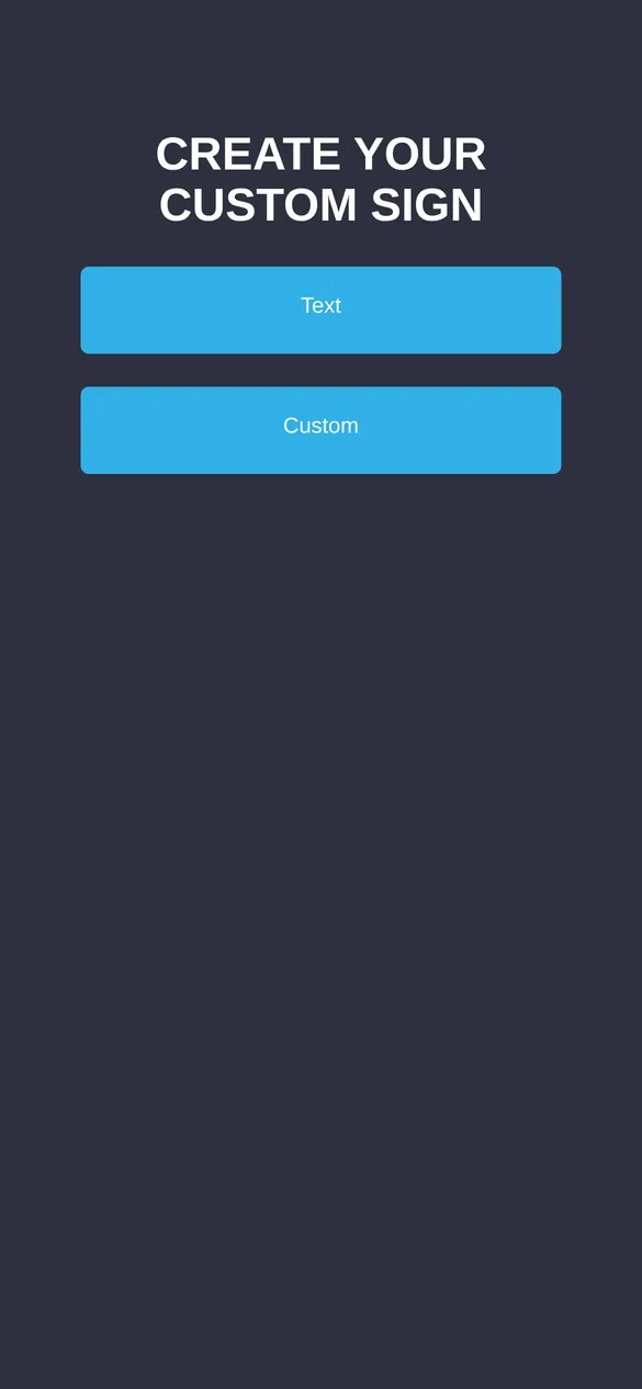 The mobile customiser with a Text button and a Custom button on the opening screen.