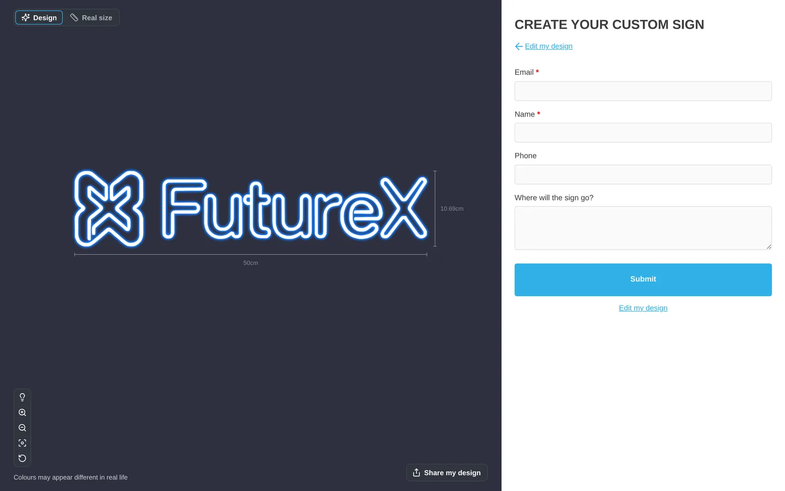 The quote form with Email, Name, Phone and a project question, a Submit button and an Edit my design link, next to the generated design.