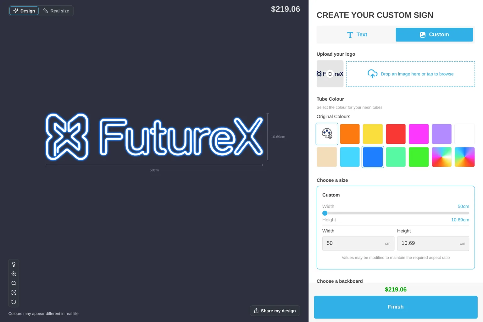 The customer customiser with a neon design that the AI Sign Designer made from an uploaded logo, shown on the sign preview with a price and a Finish button.