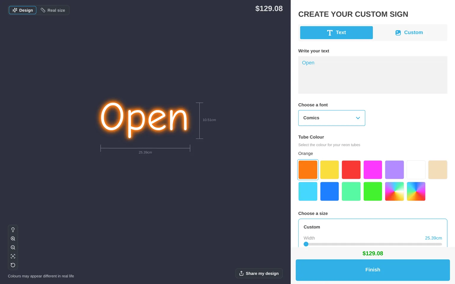 The customer customiser with the Text tab active and the Text and Custom switch above the options.