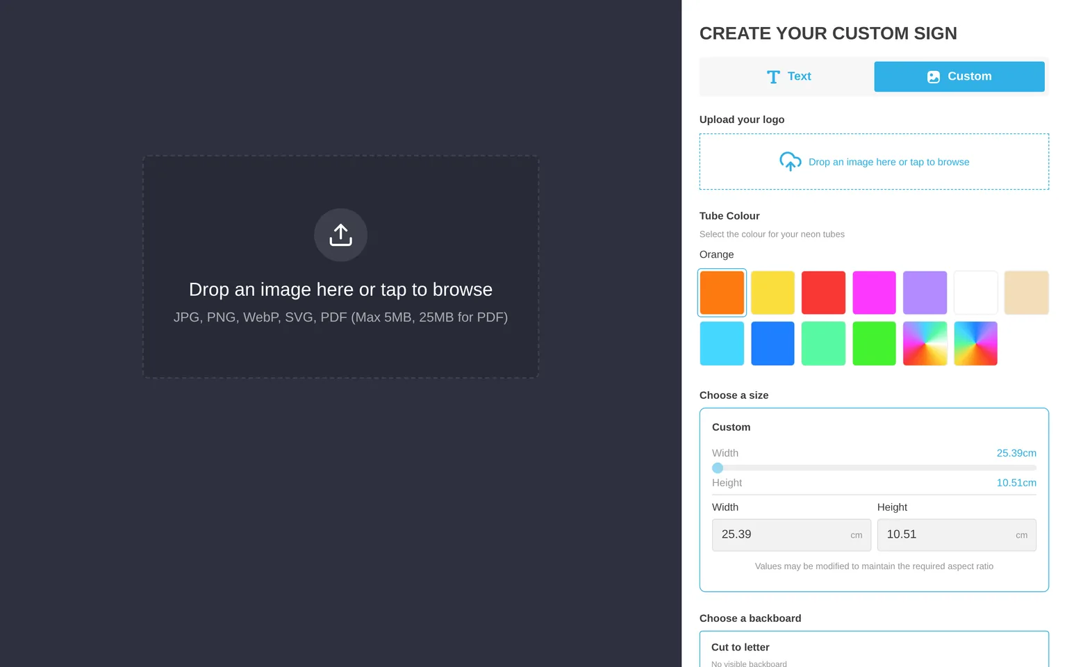 The Custom tab with the AI upload area that shows Upload your logo and Drop an image here or tap to browse.