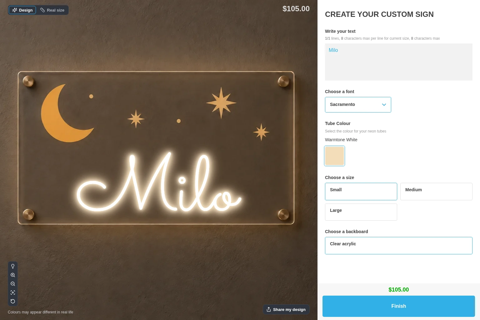 The customer customiser with Milo in the text field and rendered on the sign.