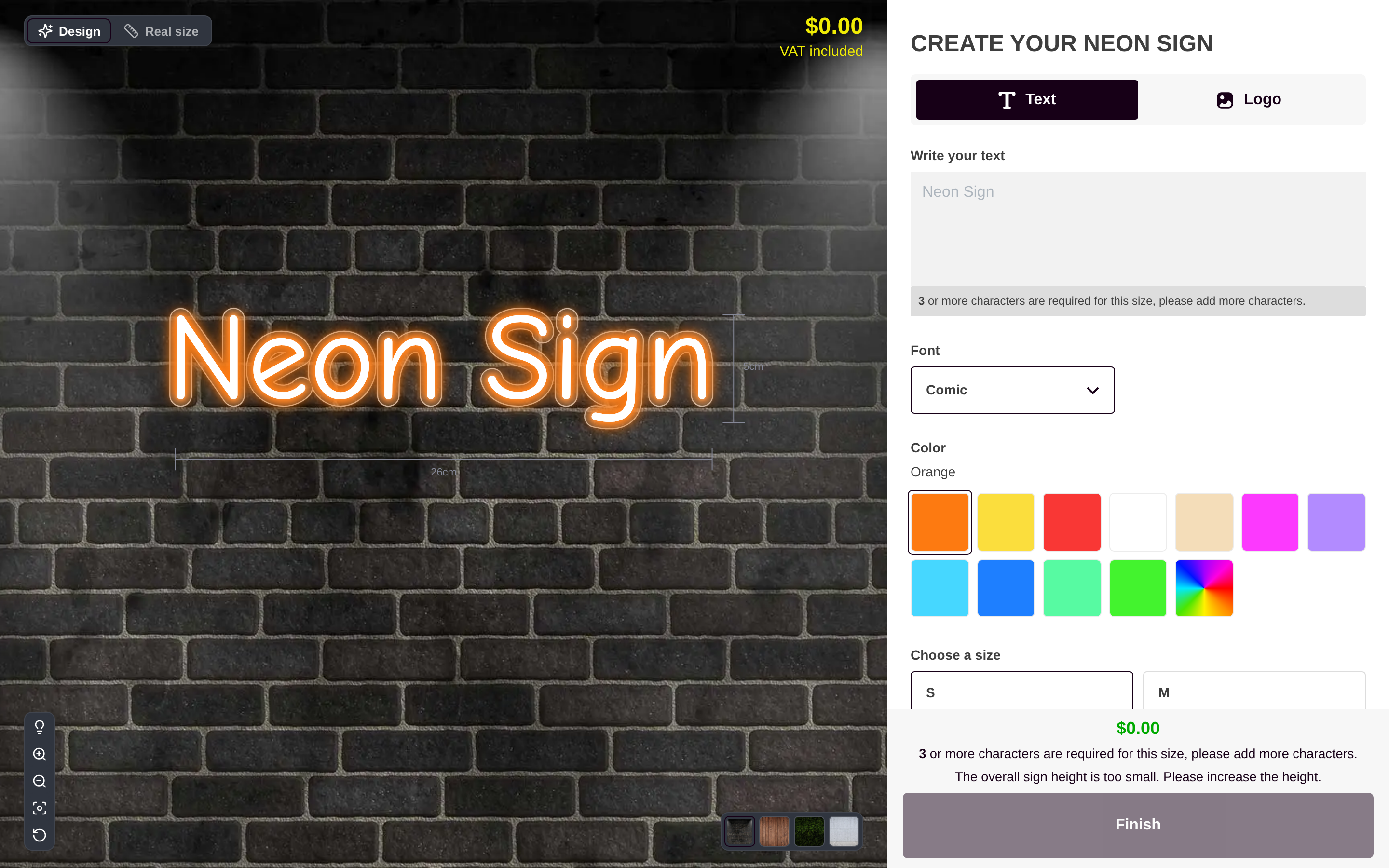 The customer customiser with the sign preview on the left and the options panel on the right