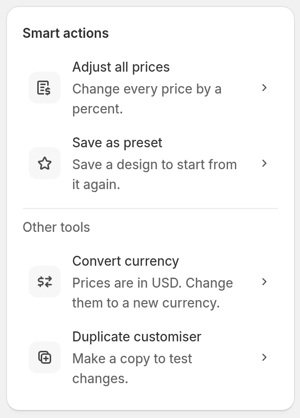 The Smart actions card with Adjust all prices and Save as preset, and Convert currency and Duplicate customiser under Other tools.