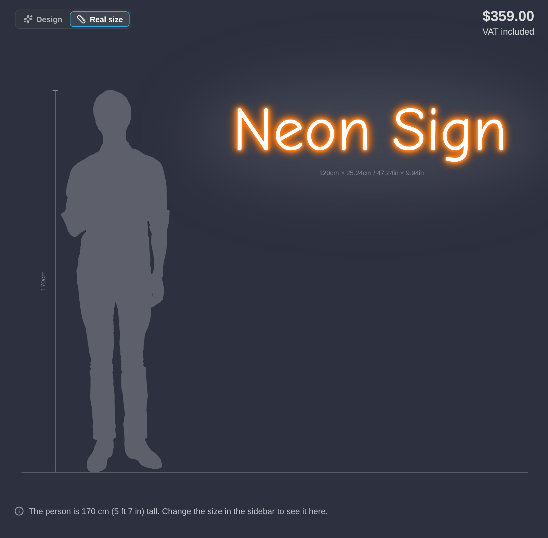 Real size view showing the sign next to a person 170 cm tall