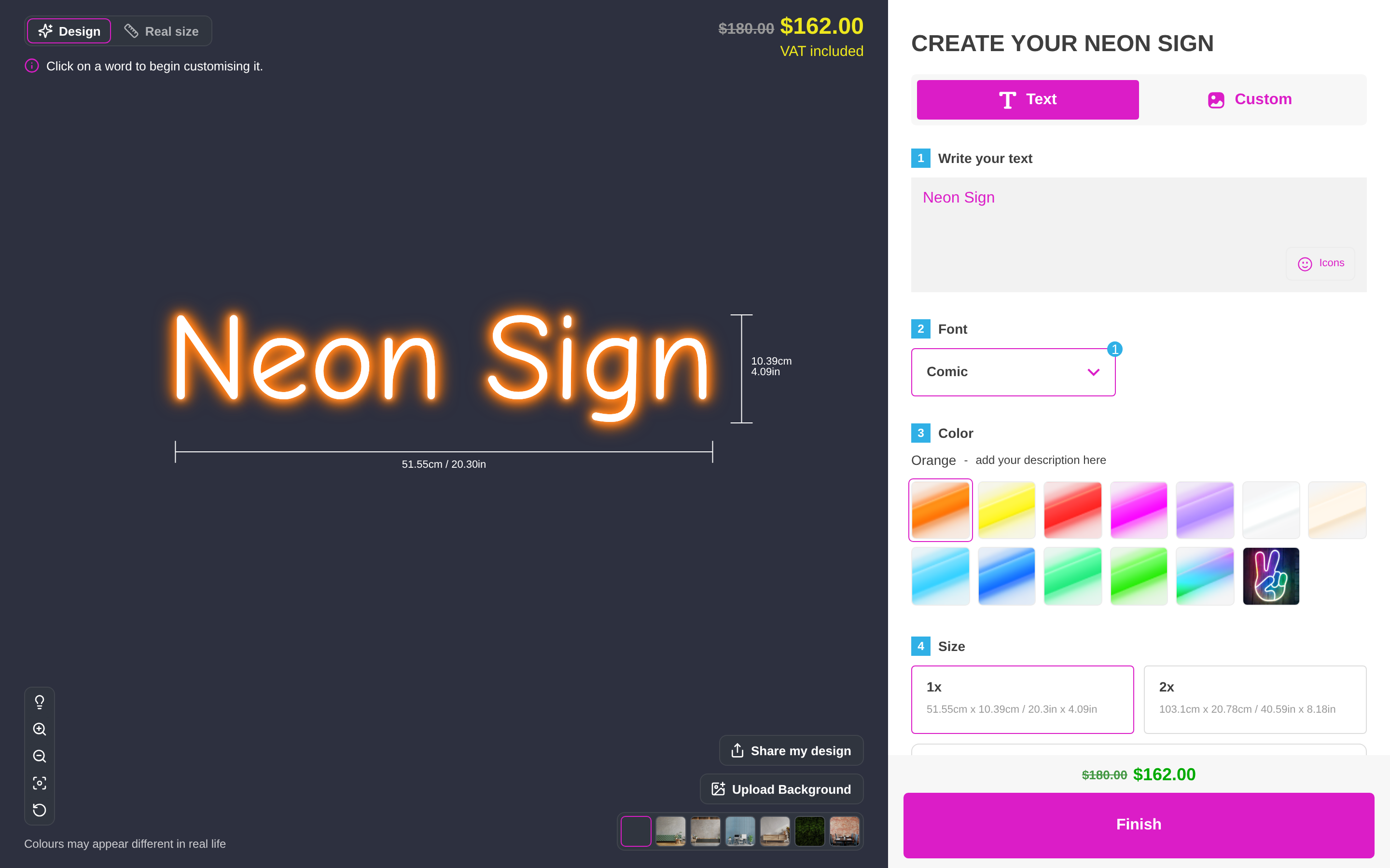 The customer customiser for an Advanced Letter neon sign, showing the typed text and its calculated width and height.