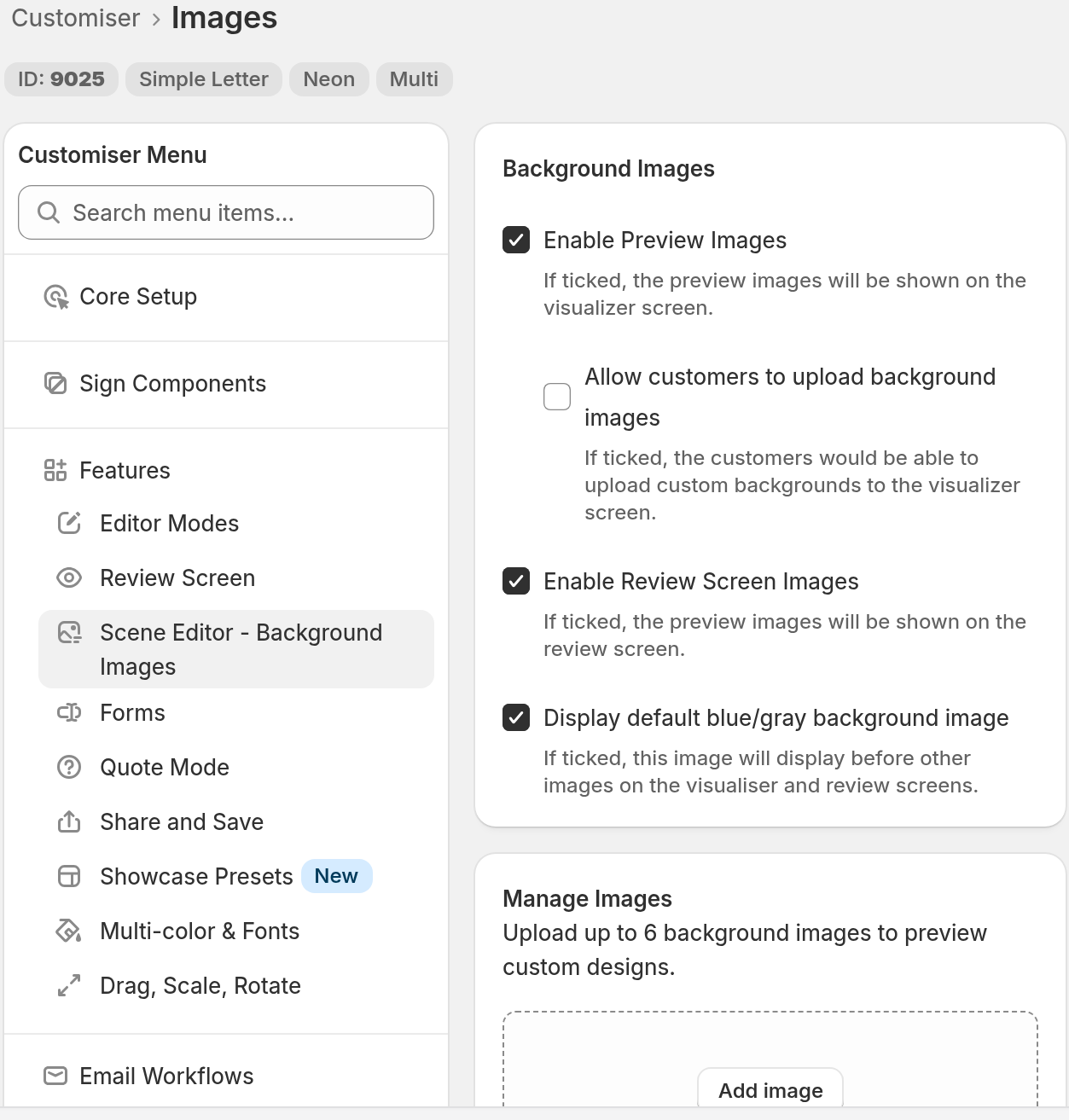The Scene Editor page in the merchant admin. The Background Images card shows Enable Preview Images, Allow customers to upload background images, Enable Review Screen Images and Display default blue/gray background image. The Manage Images card shows the Add image button.