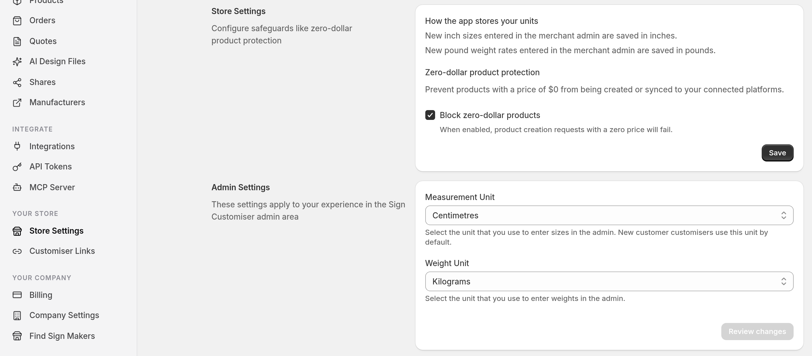 Universal admin with Your Store > Store Settings highlighted in the sidebar and the Zero-dollar product protection subsection showing the ticked Block zero-dollar products checkbox and Save button