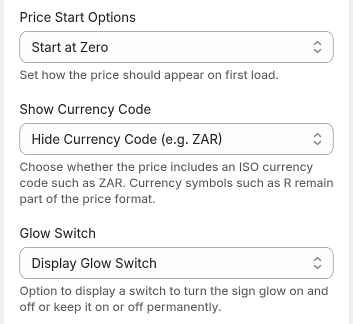 The General Style Settings card of a customiser with the Show Currency Code select set to Hide Currency Code (e.g. ZAR).