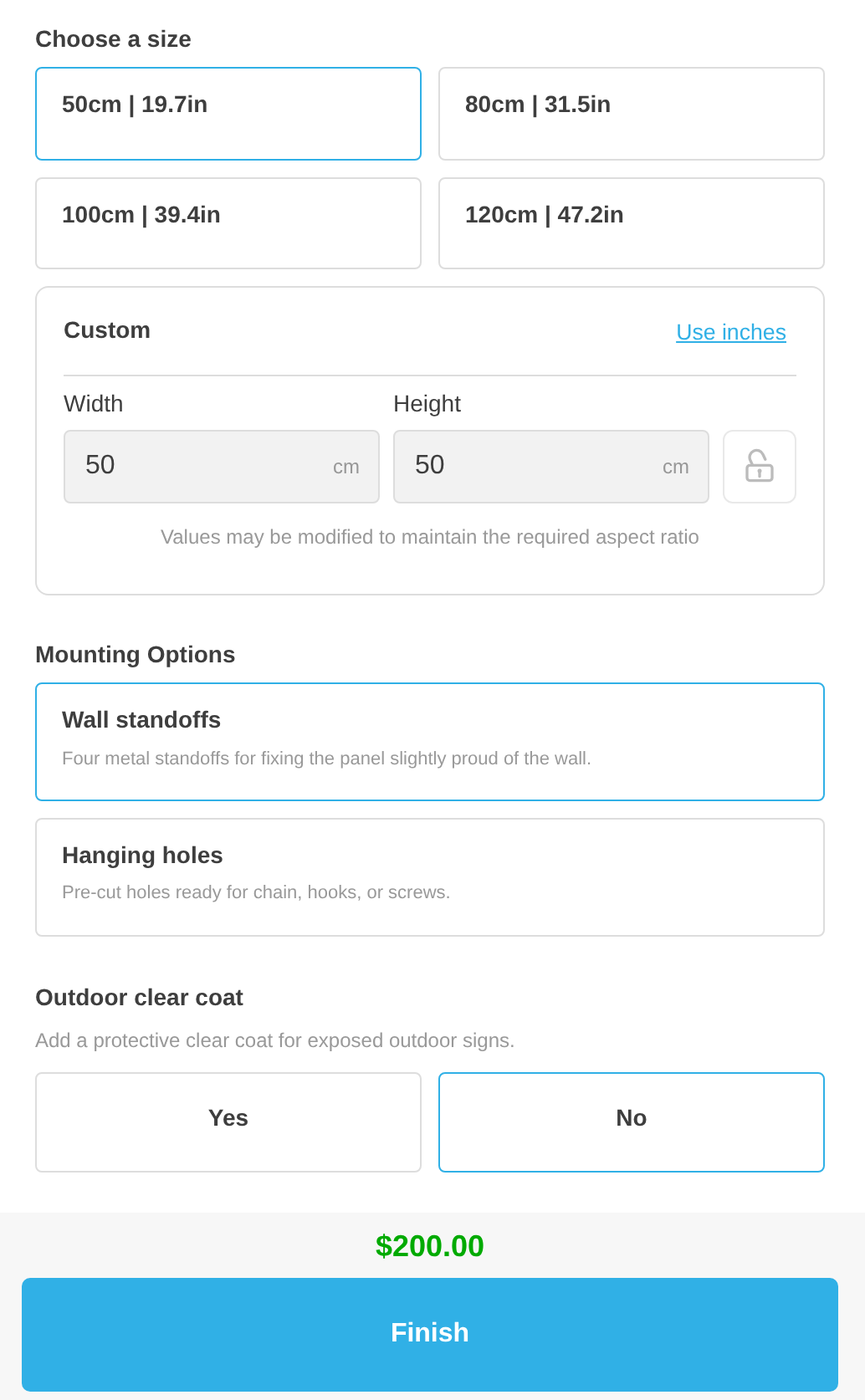 The lower steps of the metal cut-out customiser sidebar: size, mounting options and outdoor clear coat extra, with the total price and Finish button