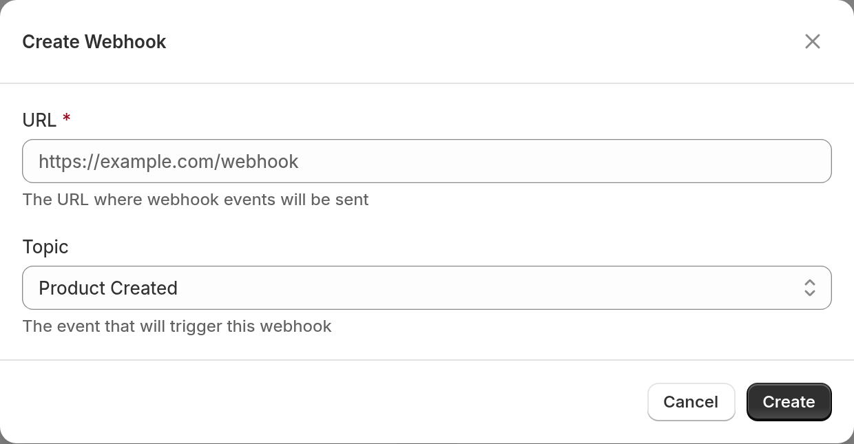 The Create Webhook window with URL and Topic fields