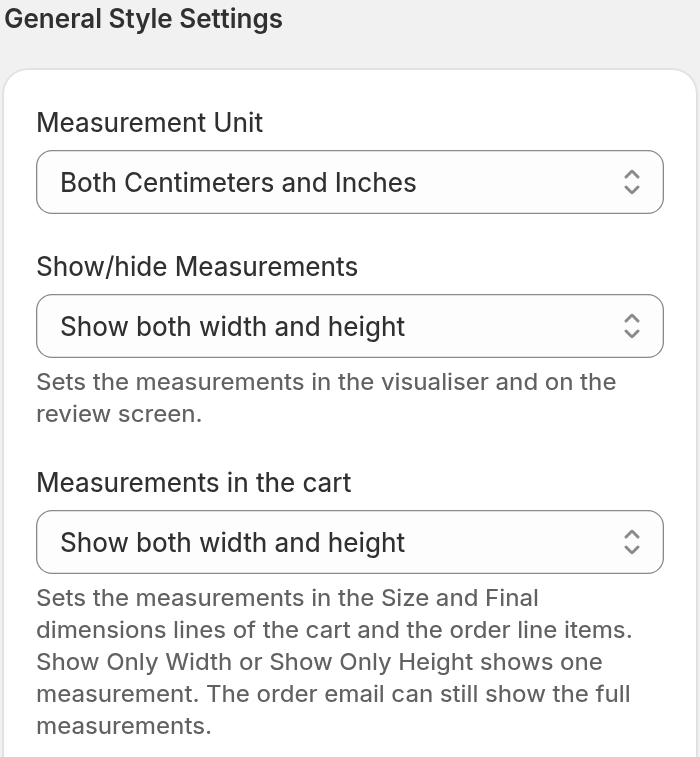 General Style Settings with the Show/hide Measurements field