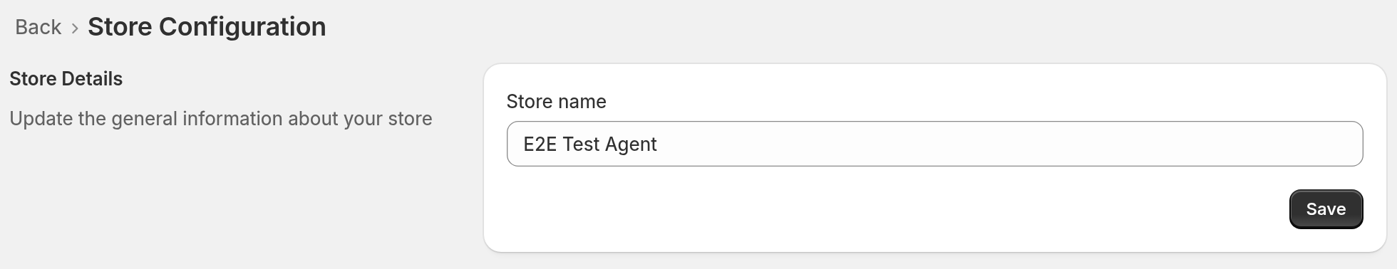 The Store Configuration page in the Sign Customiser admin with the Store Details section showing the Store name field and the Save button.